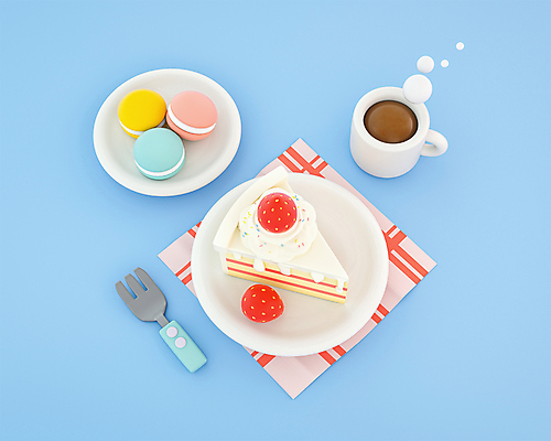 PSD 편집 편집이미지 접시 커피 하늘색 포크 디저트 사람없음 3D 귀여움 케이크 식탁보 조각케이크 커피잔 디지털합성 마카롱 편집소스 편집3D 식기 음료 음식 컨셉 잔 파란색 파일형식