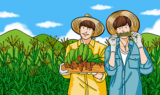 PSD 구름 남자 장갑 일러스트 하늘 산 옥수수 들기 상반신 성인 두명 초록색 수확 먹기 밀짚모자 성인남자만 청년농부 국내일러스트 자연요소 모자_잡화 잡화 컬러 농업 모션 곡류 사람 농부 남자만 성인만 파일형식