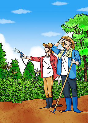 전신 PSD 나무 구름 여자 남자 장갑 일러스트 하늘 서기 들기 성인 두명 수건 풀 물주기 밀짚모자 갈퀴 물호스 밭갈기 분사기 성인만 청년농부 국내일러스트 자연요소 식물 모자_잡화 잡화 모션 사람 위생용품 농부 호스 파일형식