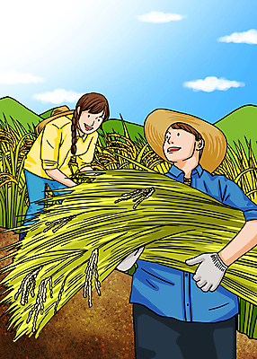 전신 PSD 구름 여자 남자 일러스트 하늘 산 서기 들기 상반신 성인 두명 수확 벼 밀짚모자 벼농사 목장갑 성인만 청년농부 국내일러스트 자연요소 모자_잡화 장갑 농업 모션 곡류 사람 농사 농부 파일형식