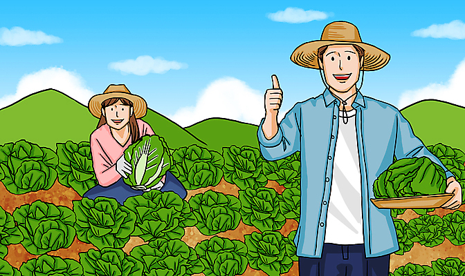 PSD 구름 여자 남자 일러스트 하늘 산 들기 앉기 상반신 성인 두명 소쿠리 최고 배추 밀짚모자 배추밭 성인만 청년농부 국내일러스트 자연요소 모자_잡화 밭 채소 모션 사람 바구니 농부 파일형식