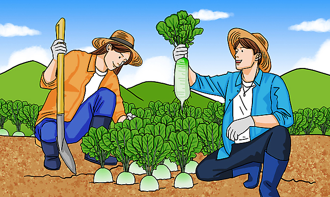 전신 PSD 구름 여자 남자 일러스트 하늘 산 들기 앉기 성인 두명 수확 잡기 무 삽 밀짚모자 무밭 성인만 청년농부 국내일러스트 자연요소 모자_잡화 밭 농업 모션 뿌리채소 사람 농부 파일형식