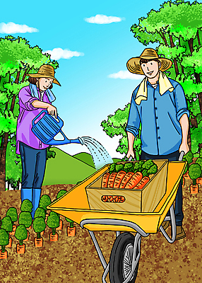 전신 PSD 나무 구름 여자 남자 일러스트 하늘 서기 들기 성인 두명 수건 바구니 당근 물뿌리개 잡기 물주기 담기 밀짚모자 외발수레 성인만 청년농부 국내일러스트 자연요소 식물 모자_잡화 모션 뿌리채소 사람 위생용품 수레 농부 파일형식