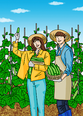 전신 PSD 구름 여자 남자 일러스트 하늘 오이 서기 들기 상반신 성인 두명 바구니 앞치마 수확 밀짚모자 오이밭 성인만 청년농부 국내일러스트 자연요소 모자_잡화 밭 농업 채소 모션 사람 농부 파일형식