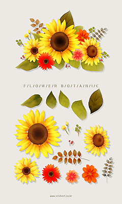 PSD 꽃잎 꽃다발 잎 일러스트 해바라기 사람없음 오브젝트 꽃봉오리 엘리먼트 국내일러스트 식물 꽃 파일형식