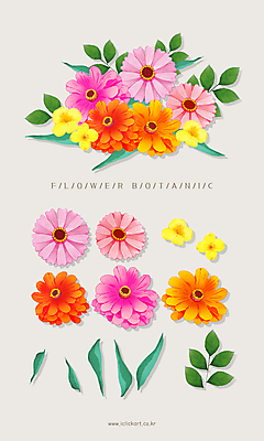 PSD 꽃잎 분홍색 꽃다발 잎 일러스트 사람없음 오브젝트 꽃봉오리 백일홍 엘리먼트 국내일러스트 식물 꽃 컬러 파일형식