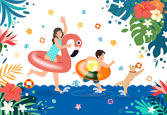 전신 한마리 여자 남자 수영복 어린이 일러스트 물놀이 웃음 들기 소년 성인 두명 물 여름 여름휴가 바캉스 달리기 여름풍경 개 강아지 비치볼 튜브 열대꽃 열대잎 플라밍고튜브 국내일러스트 펫캉스 AI파일 자연요소 1 옷 계절 꽃 잎 공 포유류 모션 놀이 휴가 바캉스용품 표정 사람 풍경 반려동물 파일형식 벡터 여름_계절