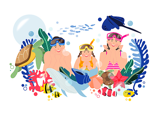 전신 여자 남자 수영복 딸 어린이 여러마리 일러스트 엄마 조개 불가사리 미소 소녀 상반신 성인 세명 여름 여름휴가 바캉스 여름풍경 해조류 아빠 산호 소라 고래 열대어 즐거움 스쿠버다이빙 가오리 바다거북 꽃받침 스킨스쿠버용품 열대잎 국내일러스트 AI파일 옷 계절 감정 스포츠용품 다수 잎 포유류 가족 휴가 어패류 극피동물 표정 어류 사람 풍경 손짓 수중동물 수상스포츠 해양식물 자포동물 거북이 파일형식 벡터 여름_계절