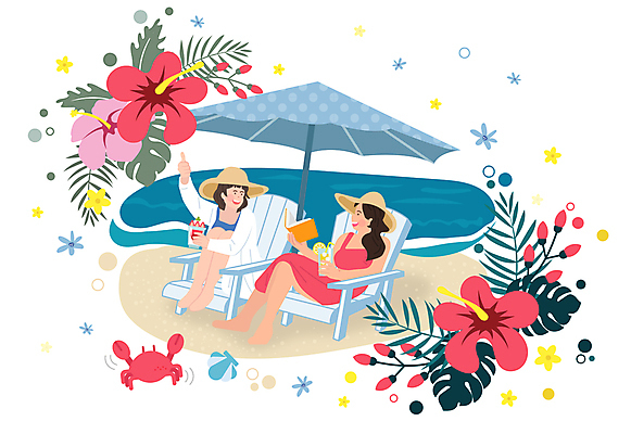 전신 모자 한마리 원피스 여자 수영복 음료 의자 일러스트 미소 들기 앉기 성인 해변 두명 책 여름 친구 여름휴가 바캉스 여름풍경 게 파라솔 최고 즐거움 선베드 열대꽃 열대잎 성인여자만 국내일러스트 AI파일 1 잡화 옷 계절 꽃 감정 바다 가구 잎 관계 모션 휴가 표정 갑각류 사람 풍경 여자만 성인만 파일형식 벡터 여름_계절