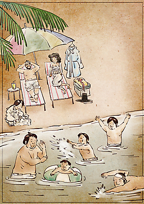 전신 PSD 커플 여자 남자 어린이 일러스트 가족 물놀이 소년 여러명 상반신 성인 해변 여름 여름휴가 바캉스 눕기 수영 파라솔 한복 조선시대 해수욕장 동양화 선베드 모래성 튜브 국내일러스트 한국전통 계절 모래 바다 다수 의자 관계 모션 놀이 휴가 미술 사람 수상스포츠 역사 전통의상 파일형식 여름_계절