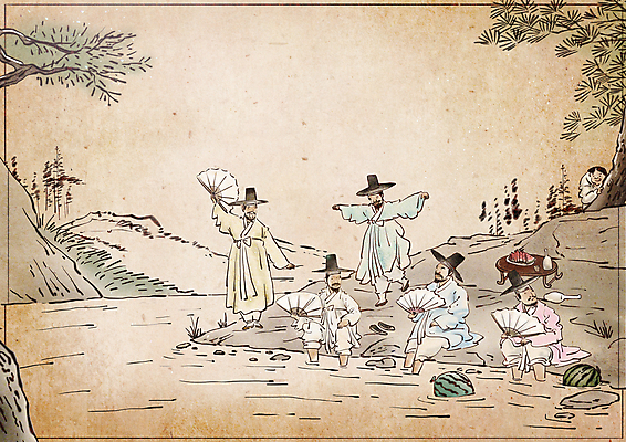 전신 PSD 남자 일러스트 여름음식 수박 들기 앉기 여러명 상반신 성인 여름 친구 여름휴가 바캉스 계곡 모임 춤 소나무 한복 조선시대 엿보기 동양화 전통부채 다과상 발담그기 선비 성인남자만 제철과일 국내일러스트 갓모자 나무 모자_잡화 한국전통 계절 음식 다수 과일 관계 모션 휴가 문화예술 전통소품 미술 사람 부채 역사 전통의상 다과 제철 남자만 성인만 파일형식 여름_계절