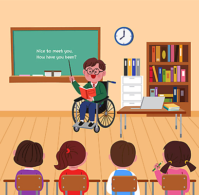 전신 학생 여자 남자 어린이 일러스트 교실 책장 영어교육 들기 앉기 소녀 소년 여러명 상반신 성인 책 노트북 칠판 강의 장애인 강의실 책상 벽시계 휠체어 영어교사 고용 비장애인 평등 장애인취업 국내일러스트 AI파일 영어 교육 시계 가구 다수 컨셉 비즈니스 학교 모션 사람 전자제품 교사 공간 구직 장애 채용 파일형식 벡터