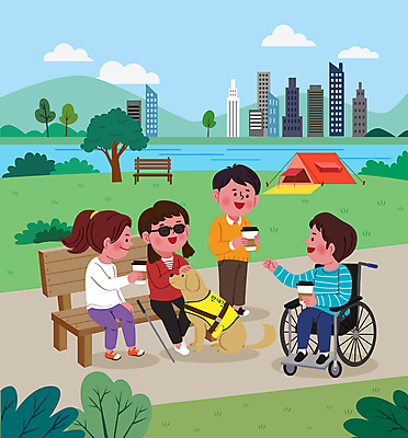 전신 한마리 공원 여자 남자 커피 벤치 일러스트 텐트 대화 들기 앉기 빌딩 여러명 성인 장애인 휠체어 소통 비장애인 시각장애인 안내견 테이크아웃컵 평등 성인만 국내일러스트 AI파일 1 공공시설 음료 다수 컨셉 의자 모션 캠핑도구 말하기 사람 건물 컵 개 장애 파일형식 벡터