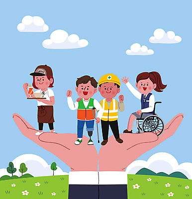 전신 구름 손 여자 남자 유니폼 일러스트 어깨동무 들기 앉기 여러명 성인 신체부위 파이팅 장애인 종업원 휠체어 목발 아르바이트 비장애인 의족 평등 성인만 건설근로자 장애인취업 국내일러스트 AI파일 자연요소 직업 옷 포즈 다수 컨셉 비즈니스 의료기기 모션 사람 장애 파일형식 벡터