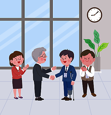전신 여자 노년 남자 화분 일러스트 회사 악수 서기 여러명 성인 축하 비즈니스맨 비즈니스우먼 사장 장애인 박수 벽시계 동료 신입사원 고용 비장애인 평등 장애인취업 국내일러스트 AI파일 시계 다수 컨셉 비즈니스 관계 모션 사람 손짓 구직 직장인 장애 채용 파일형식 벡터