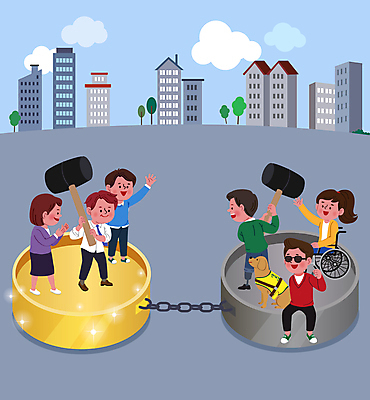 전신 한마리 여자 남자 일러스트 들기 앉기 여러명 성인 건물 망치 쇠사슬 장애인 자르기 휠체어 비장애인 시각장애인 안내견 차별 평등 성인만 국내일러스트 AI파일 1 건축물 다수 컨셉 모션 사람 공구 개 장애 파일형식 벡터