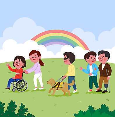 전신 구름 한마리 여자 남자 중년 무지개 일러스트 앉기 초원 여러명 성인 걷기 팔짱 장애인 휠체어 목발 비장애인 시각장애인 안내견 의족 평등 국내일러스트 AI파일 자연요소 1 다수 컨셉 의료기기 모션 사람 개 장애 파일형식 벡터