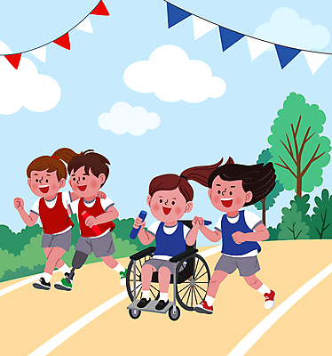 전신 나무 여자 남자 일러스트 청소년 어깨동무 여러명 달리기 손잡기 장애인 계주 휠체어 트랙 체육대회 가랜드 비장애인 의족 평등 십대만 배턴 국내일러스트 AI파일 식물 스포츠용품 포즈 다수 컨셉 모션 사람 육상스포츠 체육 파티용품 대회 장애 파일형식 벡터