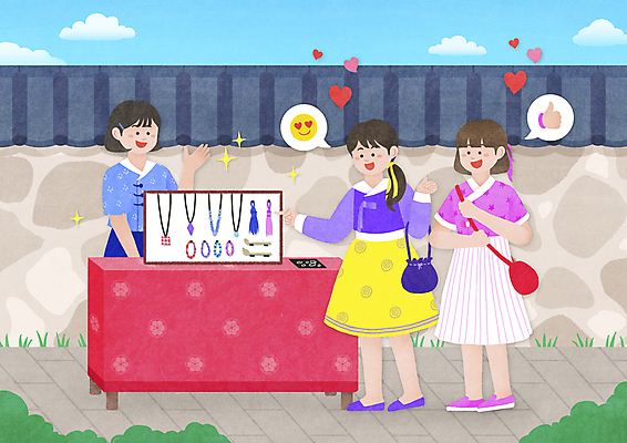 전신 PSD 여자 일러스트 장신구 서기 상반신 성인 세명 쇼핑 가리킴 한복 구경 개량한복 가판대 돌담길 생활한복 좋음 성인여자만 기와담장 플리마켓 MZ세대 국내일러스트 한국전통 길 컨셉 모션 돌담 기와 사람 손짓 담장 시장 전통의상 세대 여자만 성인만 파일형식