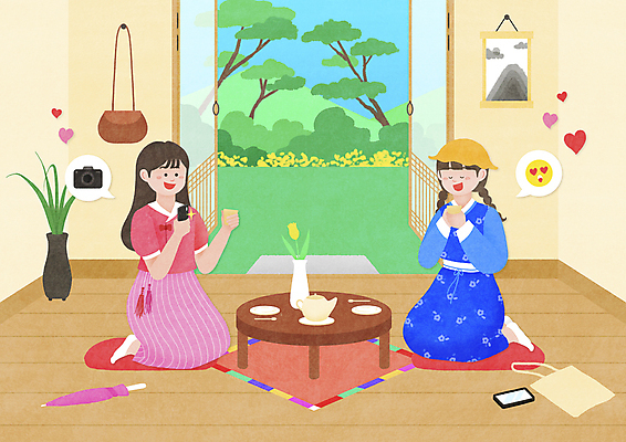 전신 PSD 여자 가방 일러스트 우산 한옥 들기 성인 두명 친구 스마트폰 꽃병 사진촬영 카페 소나무 전통차 무릎꿇기 찻주전자 개량한복 생활한복 원형탁자 좋음 성인여자만 인증샷 MZ세대 국내일러스트 나무 한국전통 잡화 꽃 컨셉 고건축 관계 모션 탁자 주전자 사람 차_음료 핸드폰 스마트기기 상점 촬영 한복 세대 인증 합성어 여자만 성인만 파일형식