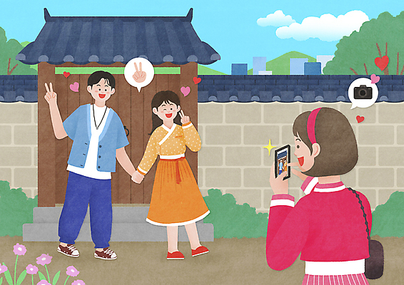 전신 PSD 커플 여자 남자 일러스트 서기 들기 상반신 성인 세명 스마트폰 카메라 손잡기 사진촬영 브이 대문 개량한복 생활한복 성인만 기와담장 MZ세대 국내일러스트 관계 모션 기와 사람 손짓 전자제품 핸드폰 스마트기기 담장 문 촬영 한복 세대 파일형식