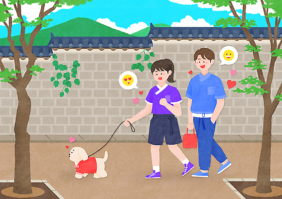전신 PSD 나무 한마리 커플 여자 남자 반려견 가방 일러스트 들기 성인 두명 걷기 산책 산책로 강아지 주머니손 목줄 개량한복 강아지옷 생활한복 성인만 기와담장 MZ세대 국내일러스트 식물 1 잡화 길 관계 모션 휴식 기와 사람 담장 반려동물 개 한복 애견용품 세대 파일형식 반려용품