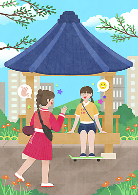 전신 PSD 공원 여자 일러스트 앉기 성인 두명 건물 친구 나뭇가지 스케이트보드 정자 약속 손인사 개량한복 생활한복 성인여자만 MZ세대 국내일러스트 나무 건축물 공공시설 관계 모션 사람 인사 보드_스포츠 한복 세대 여자만 성인만 파일형식