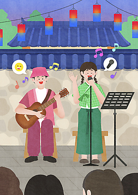 전신 PSD 여자 남자 연주 일러스트 노래 한옥 서기 앉기 여러명 성인 머리 기타 보면대 군중 스탠드마이크 청사초롱 개량한복 생활한복 성인만 기와담장 MZ세대 버스킹 국내일러스트 한국전통 음악 다수 고건축 모션 현악기 기와 사람 신체부위 담장 공연 한복 마이크 세대 초롱 파일형식