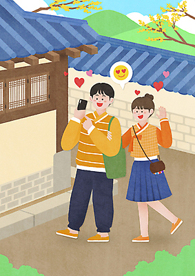 전신 PSD 커플 여자 남자 일러스트 한옥 기와집 들기 성인 두명 스마트폰 팔짱 사진촬영 나뭇가지 방문 개량한복 생활한복 에코백 성인만 기와담장 인증샷 MZ세대 국내일러스트 나무 한국전통 고건축 가방 관계 모션 기와 사람 핸드폰 스마트기기 담장 촬영 한복 에코 세대 인증 합성어 파일형식