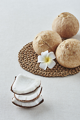 포토 JPG 스튜디오촬영 회색배경 실내 사람없음 쌓기 열대과일 플루메리아 코코넛 테이블매트 국내포토 꽃 백그라운드 과일 모션 내부 회색 식탁보 파일형식