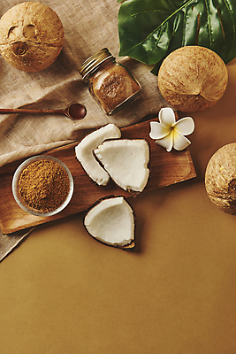 포토 JPG 스튜디오촬영 유리병 실내 사람없음 하이앵글 설탕 천 열대과일 플루메리아 코코넛 나무숟가락 나무받침 열대잎 갈색배경 국내포토 꽃 뷰포인트 백그라운드 잎 과일 병_용기 내부 목재 갈색 숟가락 직물 받침대 파일형식