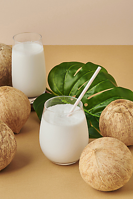 포토 JPG 스튜디오촬영 잔 실내 빨대 사람없음 열대과일 코코넛 열대잎 갈색배경 코코넛밀크 국내포토 식기 백그라운드 잎 과일 내부 갈색 파일형식