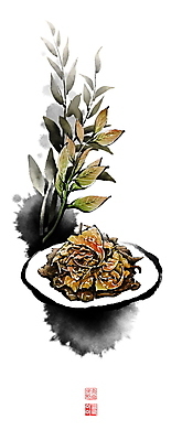 PSD 접시 잎 일러스트 캘리그라피 반찬 붓터치 사람없음 동양화 번짐 낙관 나물무침 가죽나물 국내일러스트 식물 식기 음식 미술 나물 무침 파일형식 효과