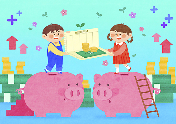 전신 PSD 여자 어린이교육 남자 어린이 하늘색 지폐 일러스트 사다리 들기 소녀 소년 두명 금융 동전 저축 돼지저금통 어린이경제 적금 적금통장 어린이만 국내일러스트 교육 돈 모션 사람 경제 파란색 저금통 도구 통장 파일형식