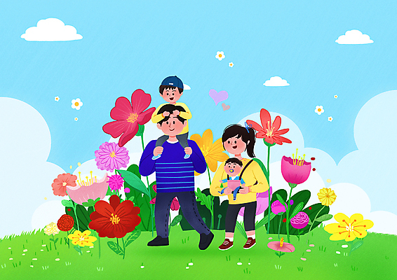 전신 PSD 구름 여자 남자 꽃 어린이 일러스트 가족 하늘 엄마 가족애 서기 소년 초원 여러명 성인 화목 산책 육아 자녀 아기 목말 아빠 아기띠 국내일러스트 자연요소 식물 다수 컨셉 관계 모션 휴식 사랑 사람 아기용품 파일형식