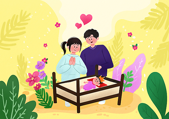 전신 PSD 여자 남자 꽃 딸 일러스트 가족 엄마 왕관 사랑 가족애 상반신 성인 세명 눕기 노란색 육아 하트 아기 잠 풀 아빠 아기침대 국내일러스트 모양 식물 감정 컬러 관계 모션 사람 아기용품 침대 파일형식