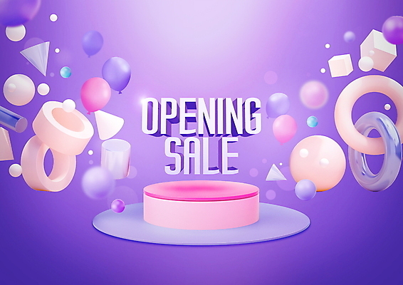 PSD 편집이미지 타이포그라피 사람없음 쇼핑 세일 사각형 보라색 원형 고리 풍선 단상 삼각뿔 오픈행사 입체도형 이미지편집 도형 문자 컬러 오픈 입체 파일형식