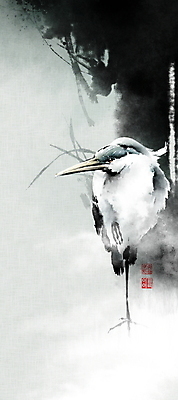 PSD 한마리 일러스트 캘리그라피 붓터치 사람없음 풀 숲 왜가리 동양화 한지 번짐 낙관 화조화 국내일러스트 식물 1 종이 조류 미술 파일형식 효과