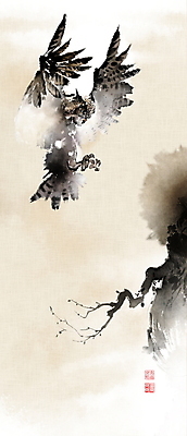 PSD 나무 한마리 일러스트 캘리그라피 붓터치 사람없음 나뭇가지 비행 동양화 한지 번짐 부엉이 낙관 화조화 국내일러스트 식물 1 종이 조류 미술 파일형식 효과