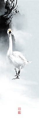 PSD 나무 한마리 일러스트 캘리그라피 붓터치 사람없음 안개 나뭇가지 동양화 한지 번짐 낙관 고니 화조화 국내일러스트 식물 1 종이 조류 날씨 미술 파일형식 효과