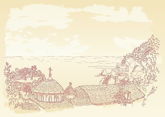 EPS 해외이미지 전통 기독교 종교 바다 일러스트 산 잉크 펜 교회 영혼 스케치 승려 지중해 그리스 그림 수도원 비잔틴 세피아 해외일러스트 유럽 촬영기법 미술 필기구 성직자 제국 파일형식 벡터 이미지허브