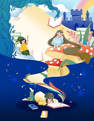 전신 PSD 여자 어린이 엎드리기 일러스트 동화 요정 들기 앉기 소녀 세명 독서 버섯 꿈 성 동화책 어린이상상 요술봉 웅크림 왕궁 공주님 상상력 콩나무 소녀만 동심 국내일러스트 나무 건축물 모션 상상 사람 책 궁전 여자만 어린이만 파일형식