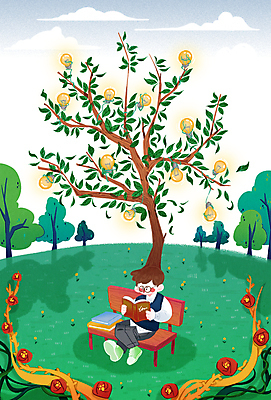 전신 PSD 나무 공원 남자 꽃 여유 어린이 생각 벤치 일러스트 전구 휴식 한명 들기 앉기 소년 초원 책 독서 다리꼬기 발전 힐링 소년한명만 국내일러스트 식물 1 공공시설 감정 컨셉 의자 모션 사람 남자한명만 소년만 파일형식