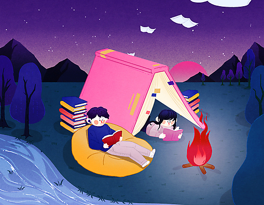 전신 PSD 나무 여자 남자 딸 여유 어린이 엎드리기 일러스트 밤하늘 휴식 들기 소녀 상반신 성인 두명 책 독서 캠핑 아빠 저녁 강가 모닥불 힐링 책더미 부녀 빈백 국내일러스트 식물 감정 생활용품 컨셉 가족 모션 하늘 불 레저 사람 강 야간 무더기 파일형식