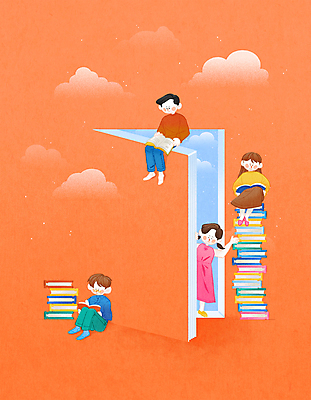 전신 PSD 구름 여자 남자 일러스트 들기 앉기 여러명 성인 책 독서 문 주황색 모임 틈 손인사 책더미 성인만 나오기 독서모임 국내일러스트 자연요소 컬러 다수 모션 사람 인사 무더기 파일형식