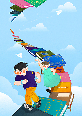 전신 PSD 구름 여자 남자 하늘색 일러스트 하늘 성인 두명 책 독서 달리기 손들기 종이비행기 가교 성인만 국내일러스트 자연요소 건축물 모션 사람 파란색 종이접기 파일형식