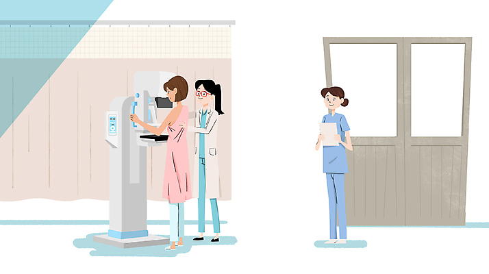 전신 PSD 여자 일러스트 의료기기 병원 서기 성인 세명 문 환자 간호사 의사 잡기 커튼 신체검사 건강검진 유방암검사 성인여자만 국내일러스트 의학 모션 사람 의료진 검사_조사 여자만 성인만 파일형식