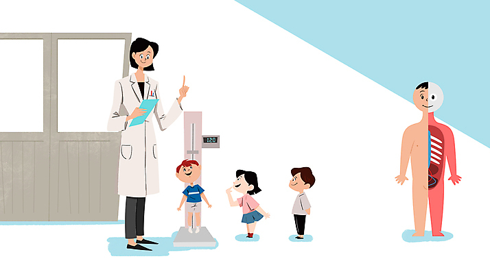 전신 PSD 여자 남자 어린이 일러스트 인체모형 병원 서기 소녀 소년 여러명 성인 환자 의사 키재기 신체검사 건강검진 신장계 줄서기 국내일러스트 다수 의학 모션 사람 모형 의료진 측정 검사_조사 키_신체 파일형식