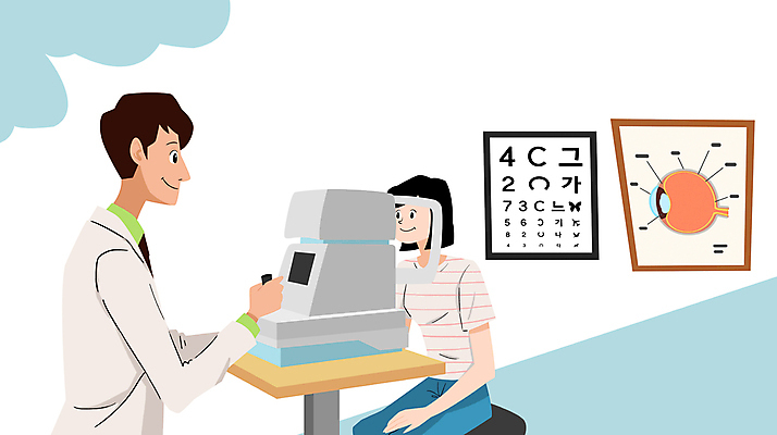 PSD 여자 남자 일러스트 앉기 상반신 성인 두명 환자 안과 시력검사 건강검진 시력검사기 시력검사표 안과용의료기구 안과의사 성인만 국내일러스트 의학 모션 병원 사람 의사 의료용품 검사_조사 파일형식