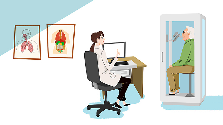 전신 PSD 여자 할아버지 노년 남자 의자 일러스트 병원 앉기 성인 두명 컴퓨터 환자 의사 허파 물기 건강검진 부스 국내일러스트 가구 의학 모션 사람 전자제품 의료진 호흡기관 검사_조사 파일형식